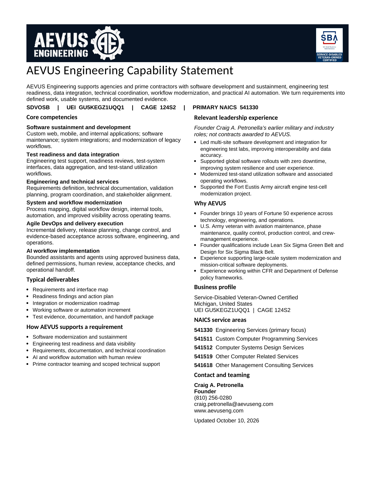 One-page AEVUS Engineering capability statement with company logo and SBA badge. Full statement content appears above.